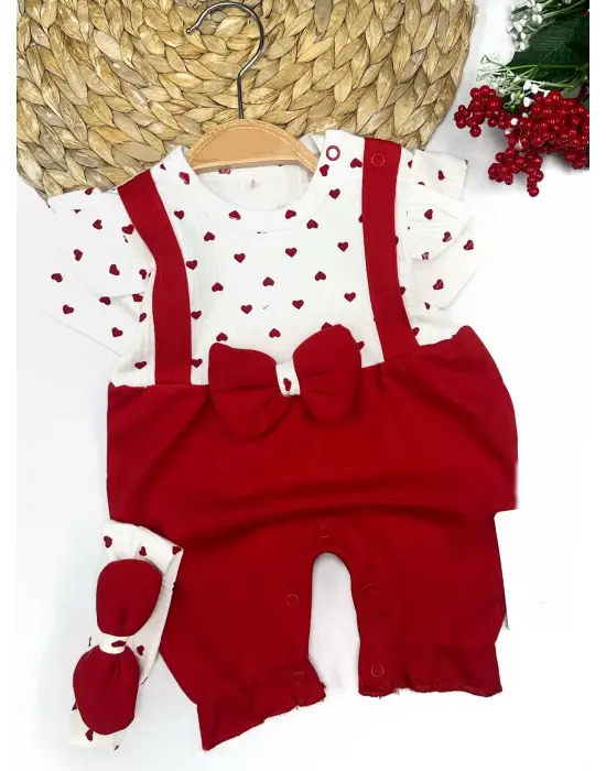 Omarı Sevimli Kalp Desenli Bandanalı Kız Bebek Takımı