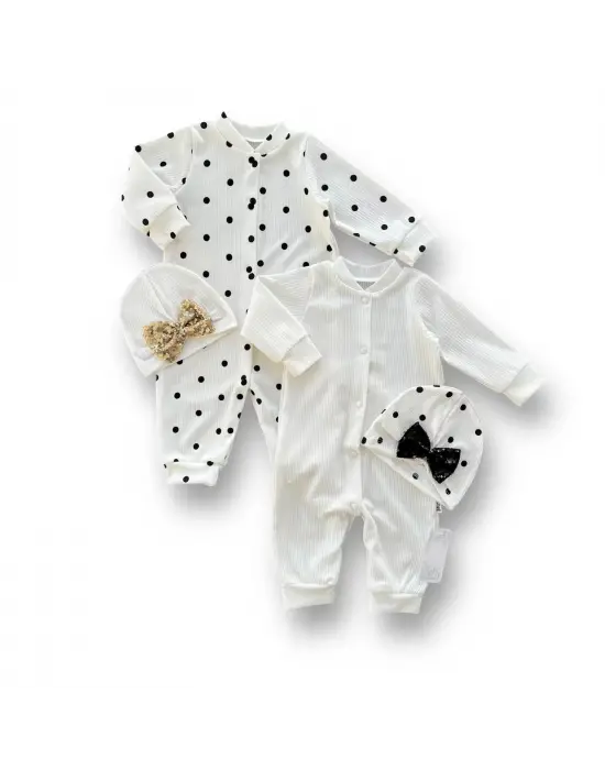Omarı Puantiyeli Payet Detaylı Bebek Tulum Kombini Beyaz