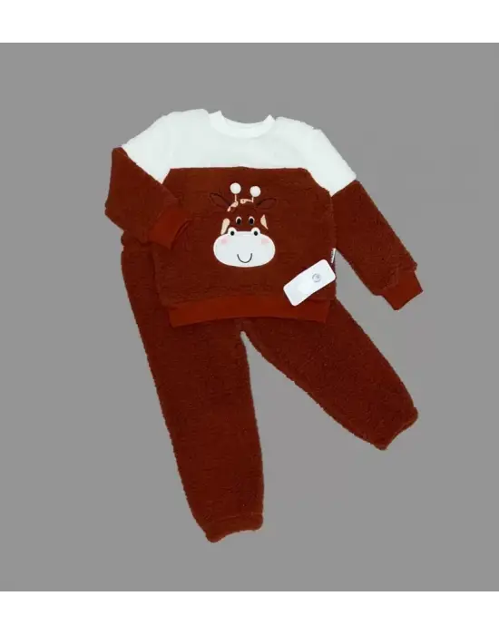 Omarı Sevimli Zürafa Desenli Çocuk Takımı Kahverengi
