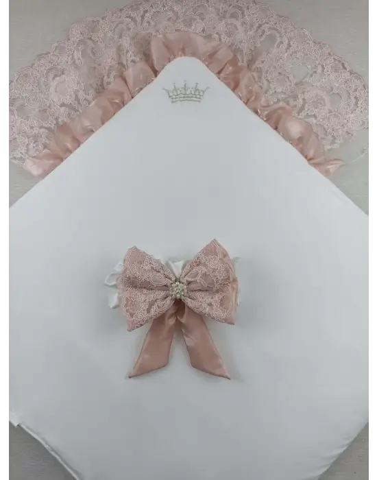 Omarı İnci ve Dantel Detaylı Gül Kurusu Battaniye