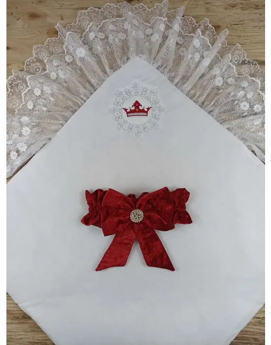 Omarı Yenidoğan Bebek İnci Fiyonklu Dantelli Kundak Battaniyesi - Bordo