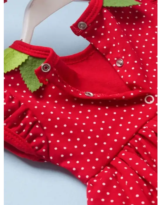 Omarı Çilek Desenli Bebek Tulumu - Kırmızı Penye Kumaş, 3-6-9 Ay