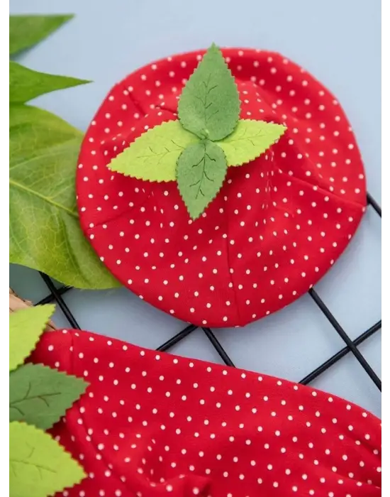 Omarı Çilek Desenli Bebek Tulumu - Kırmızı Penye Kumaş, 3-6-9 Ay