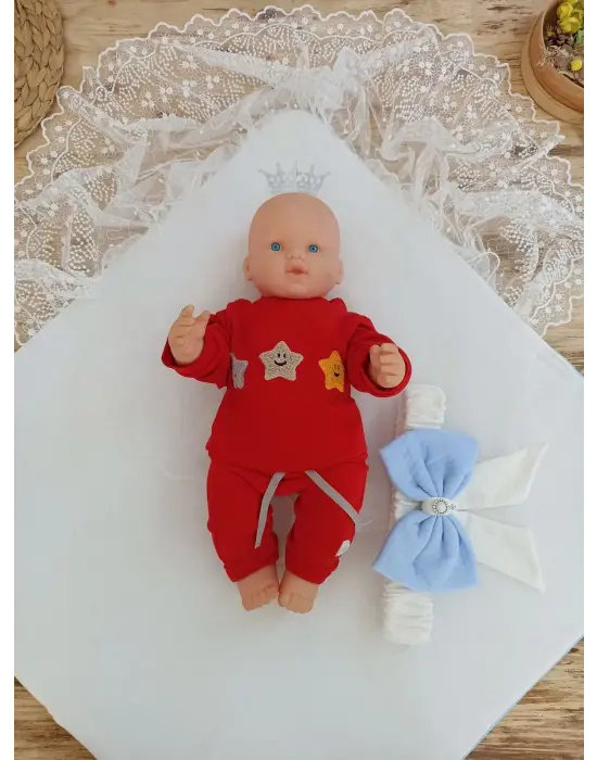 Omarı İnci Fiyonklu Bal Peteği Dantelli Mavi Kundak Battaniye