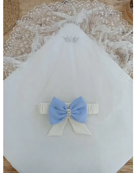 Omarı İnci Fiyonklu Bal Peteği Dantelli Mavi Kundak Battaniye