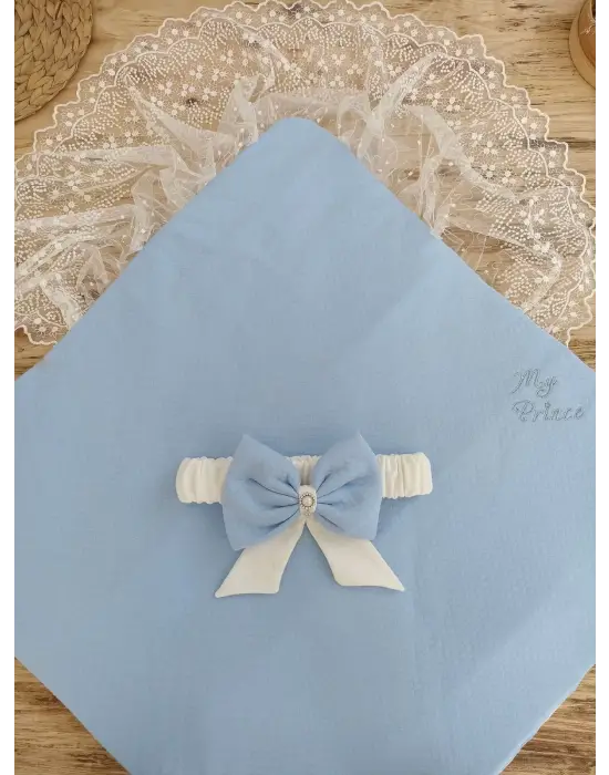 Omarı İnci Fiyonklu Bal Peteği Dantelli Mavi Kundak Battaniye