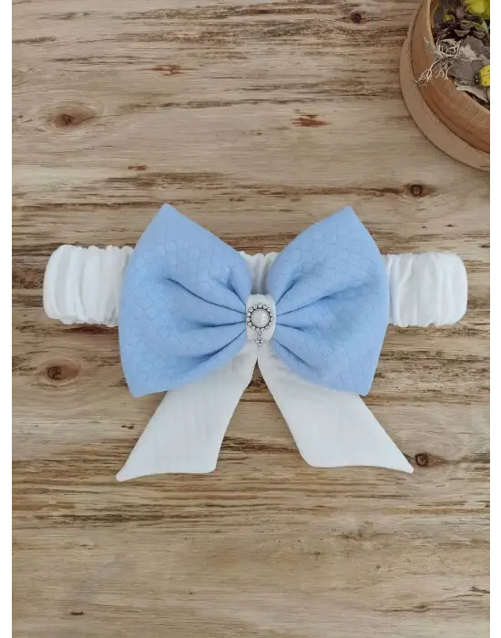 Omarı İnci Fiyonklu Bal Peteği Dantelli Mavi Kundak Battaniye