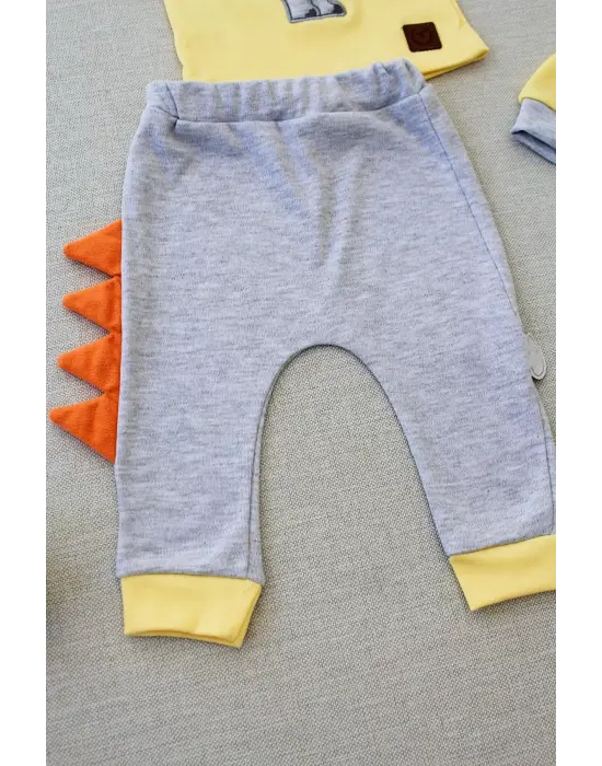 Omarı Minik Dino Nakışlı Uzun Kollu Bebek Takımı Sarı