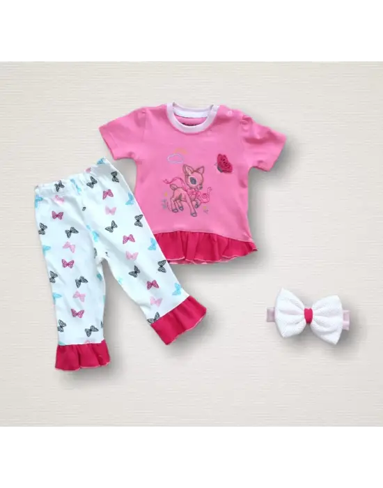 Omarı Ceylanın Rüyası Desenli Kısa Kollu Kız Bebek Sweat Takımı - 3lü Set