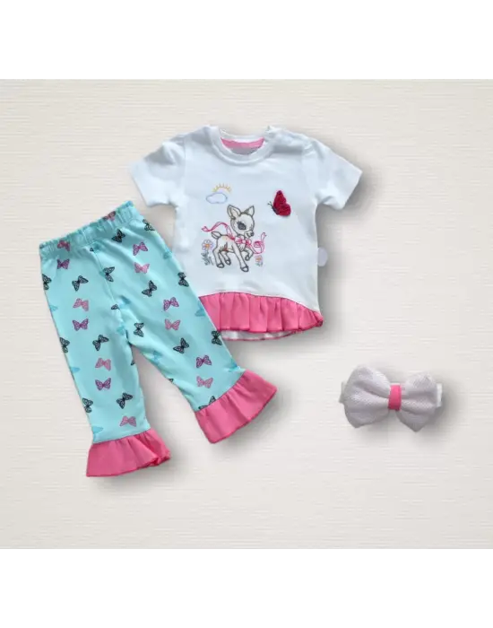 Omarı Ceylan Temalı Kız Bebek Bandanalı Kısa Kollu Sweat Takımı