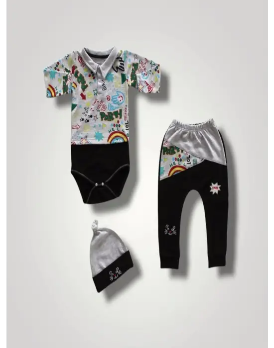 Omarı Kedi Nakışlı Power 3lü Bebek Takımı