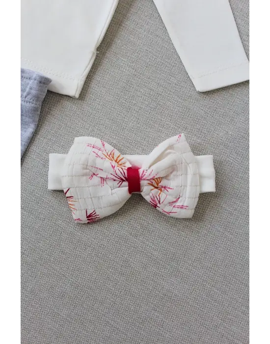 Omarı Fırfır Detaylı Bandanalı Kız Bebek Sweat Takımı 3lü Ekru