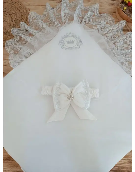 Omarı Yenidoğan Nakışlı Trilüks Kundak Bebek Battaniyesi - Ekru