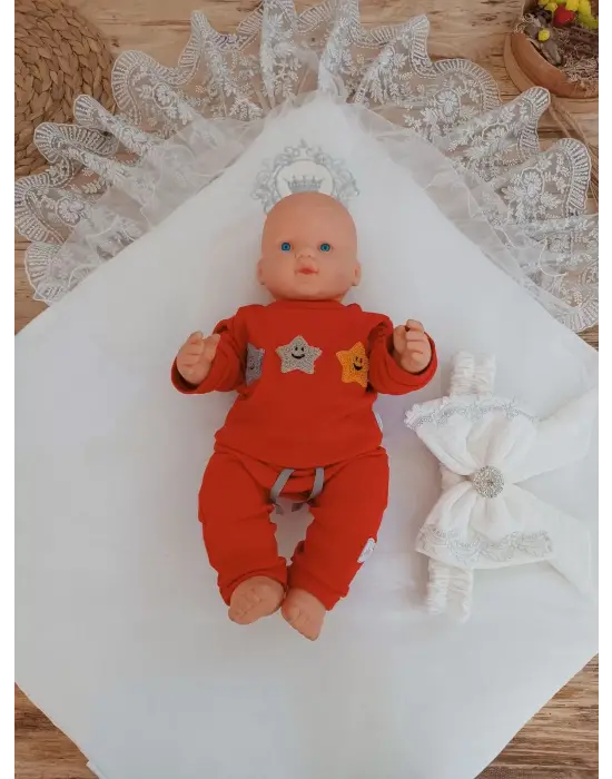 Omarı Yenidoğan Nakışlı Trilüks Kundak Bebek Battaniyesi - Ekru