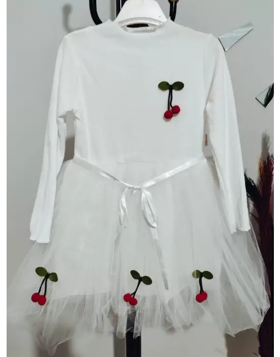 Omarı Çocuk Tütü Elbise - Kiraz Desenli Kemerli Uzun Kollu Beyaz