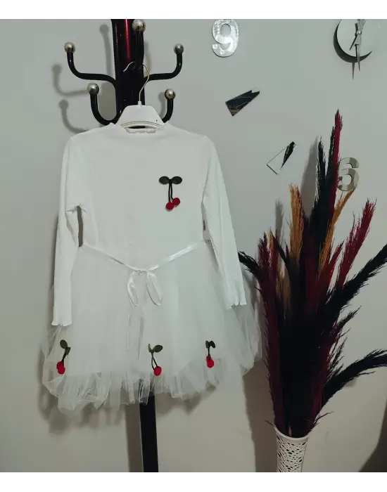 Omarı Çocuk Tütü Elbise - Kiraz Desenli Kemerli Uzun Kollu Beyaz