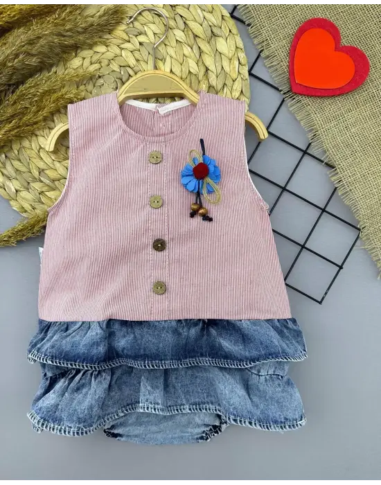 Omarı Gül Rozet Detaylı Kot Kilotlu Etek Kız Bebek Elbisesi