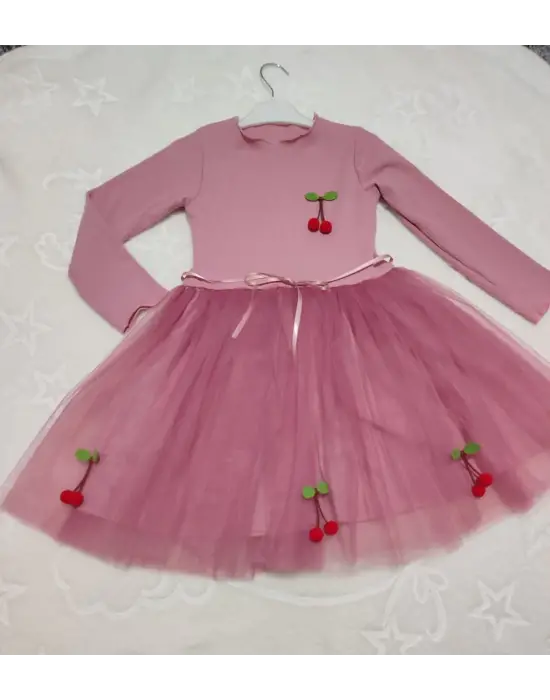 Omarı Çocuk Tütü Elbise - Kiraz Desenli ve Uzun Kollu Gül Kurusu