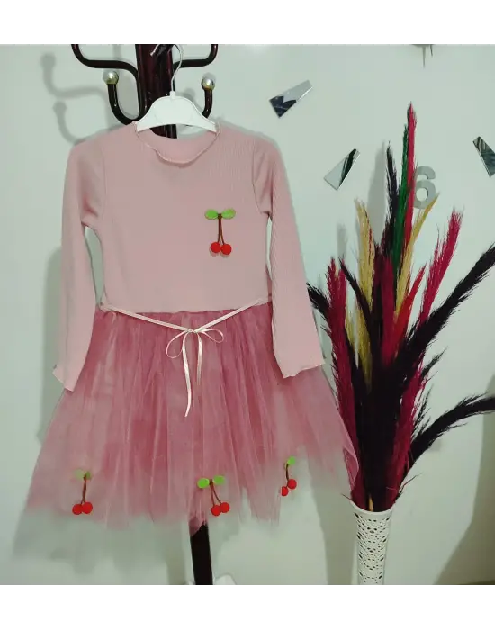 Omarı Çocuk Tütü Elbise - Kiraz Desenli ve Uzun Kollu Gül Kurusu