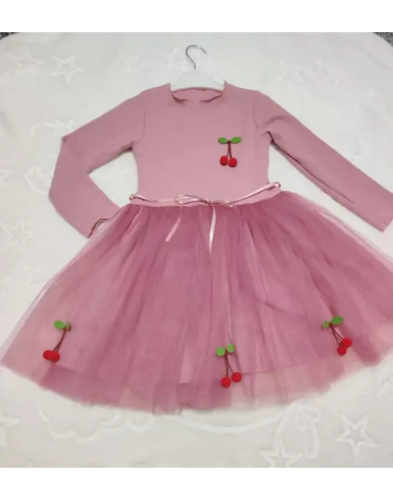 Omarı Çocuk Tütü Elbise - Kiraz Desenli ve Uzun Kollu Gül Kurusu