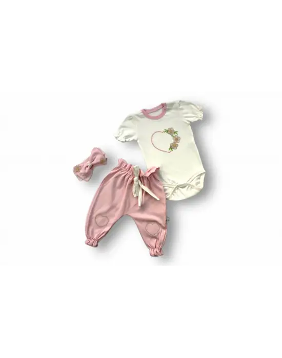 Omarı Çiçekli Kalp Nakışlı Kısa Kollu Bebek Zıbınlı Takım