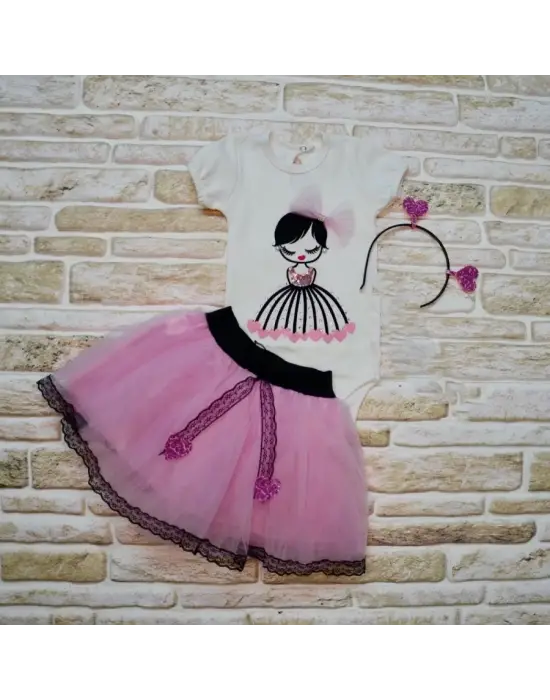 Omarı Nakışlı Taçlı Tütü Etekli Kız Bebek Takımı - Lila