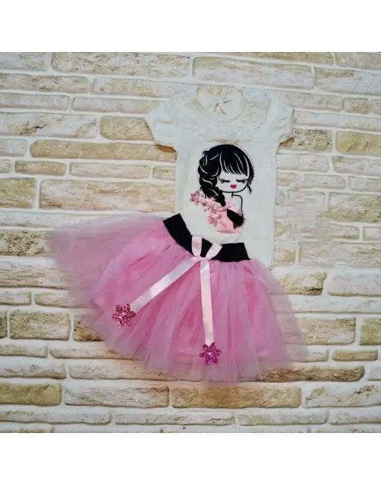 Omarı Tütü Etekli Nakışlı Kız Bebek Takımı - Lila