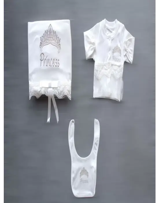 Omarı Nakışlı Taçlı Prenses Zıbın Takımı Ekru