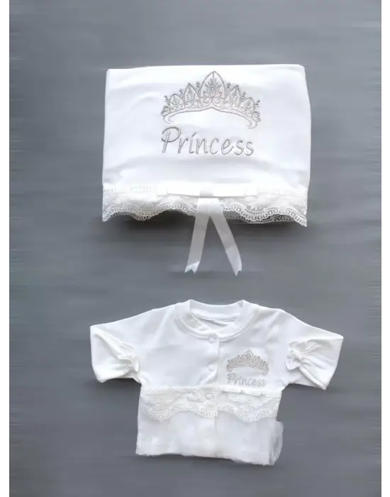 Omarı Nakışlı Taçlı Prenses Zıbın Takımı Ekru