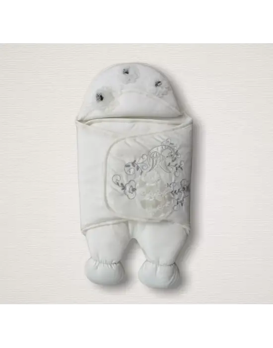 Omarı Yenidoğan Tavuskuşu Nakışlı Lüks Bebek Kundak - Ekru