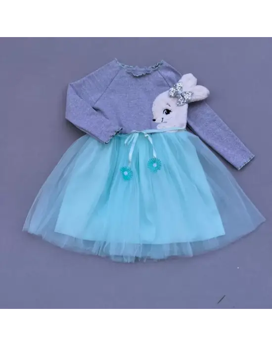 Omarı Turkuaz Renkli Pelüş Tavşan Desenli Çocuk Tütü Elbise