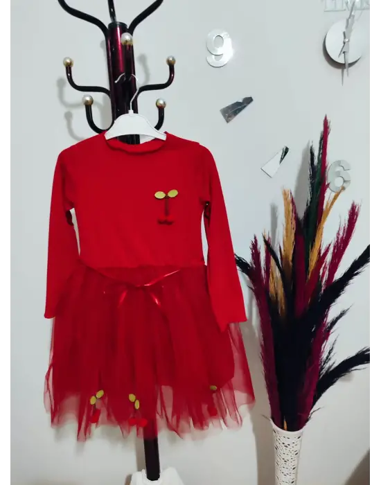 Omarı Çocuk Tütü Elbise - Kırmızı Kiraz Desenli Uzun Kollu Astarlı