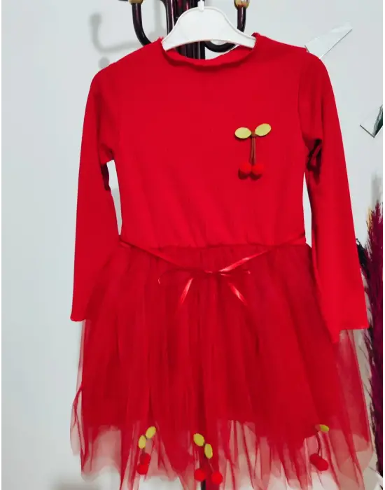 Omarı Çocuk Tütü Elbise - Kırmızı Kiraz Desenli Uzun Kollu Astarlı