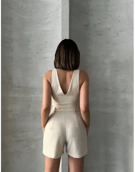 Omarı Yaz Şıklığına Hazır Şortlu Keten Takım