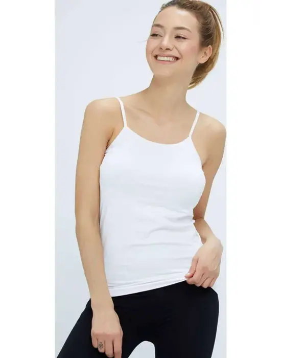 Omarı Şık İp Askılı İz Yapmaz Uzun Beyaz Atlet