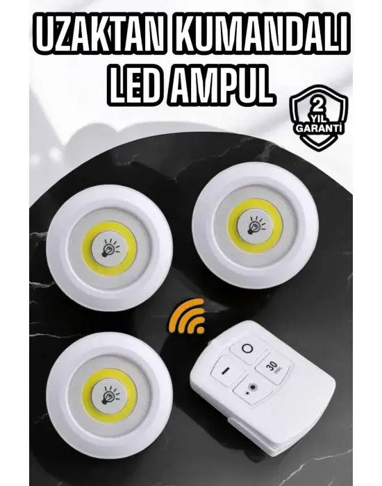 Spot Lamba Led Işık 3lü Uzaktan Kumandalı Pilli Yapışkanlı Kablosuz