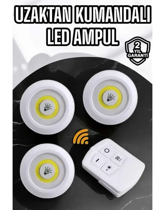 Spot Lamba Led Işık 3lü Uzaktan Kumandalı Pilli Yapışkanlı Kablosuz