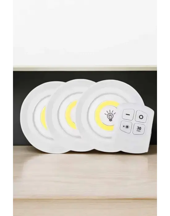Spot Lamba Led Işık 3lü Uzaktan Kumandalı Pilli Yapışkanlı Kablosuz
