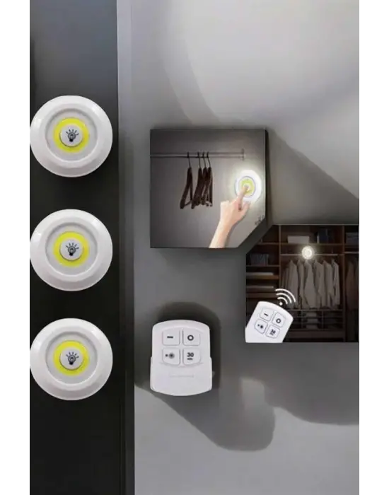 Spot Lamba Led Işık 3lü Uzaktan Kumandalı Pilli Yapışkanlı Kablosuz