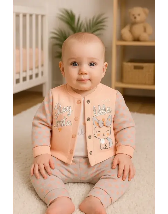 Stay Little Puan Desenli 3lü Hırkalı Kız Bebek Takım