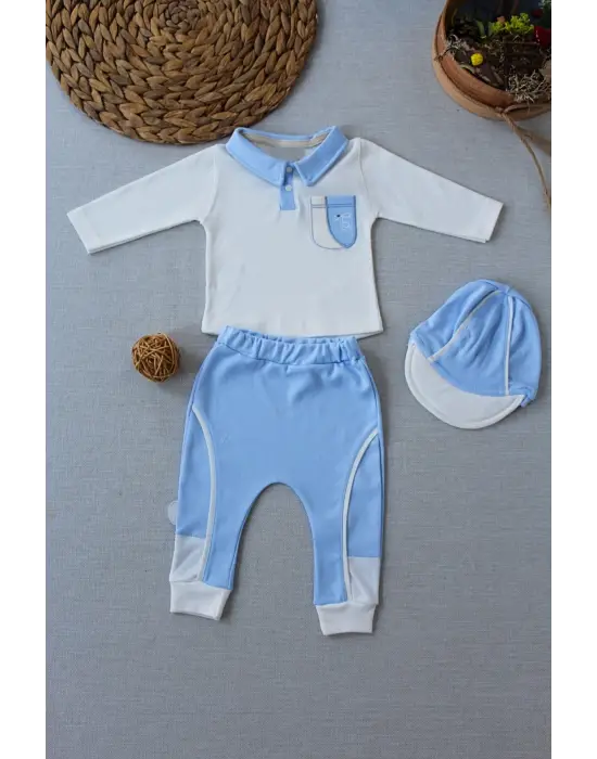 Stil Sahibi Nakışlı Sweat 3lü Bebek Takımı Mavi