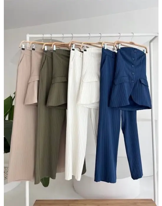 Omarı Çizgili Straplez Takım Pantolon - Şık ve Rahat