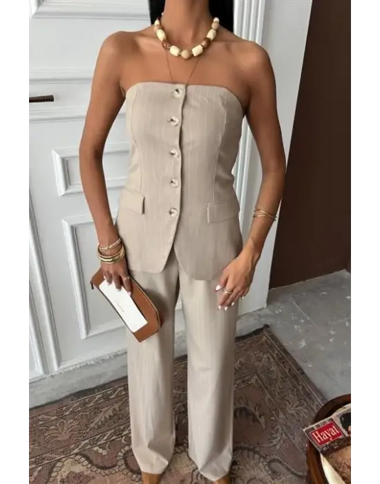 Omarı Çizgili Straplez Takım Pantolon - Şık ve Rahat