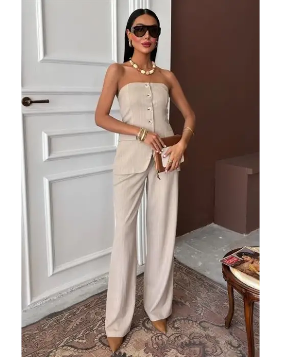 Omarı Çizgili Straplez Takım Pantolon - Şık ve Rahat