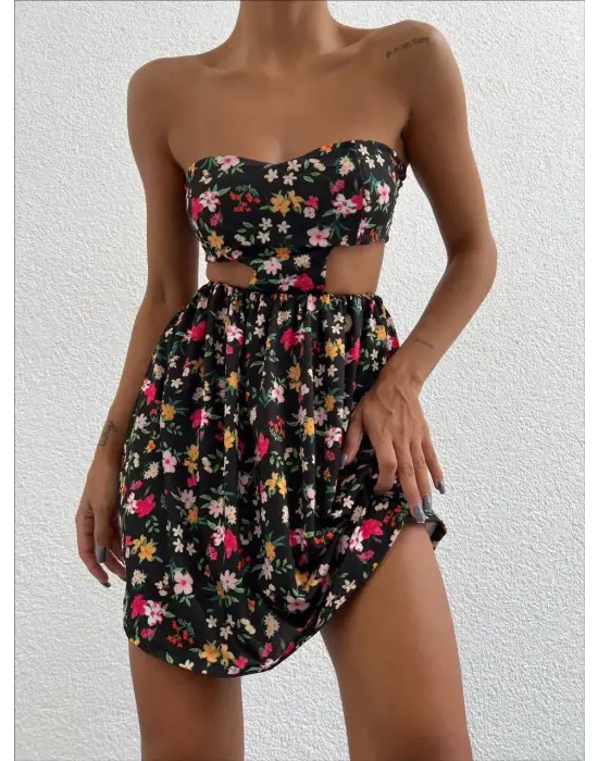 Trend Baskılı Straplez Elbise