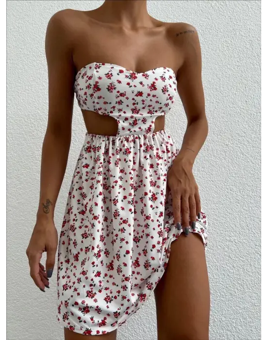 Omarı Yaz Renkleriyle Taçlandırılmış Straplez Elbise