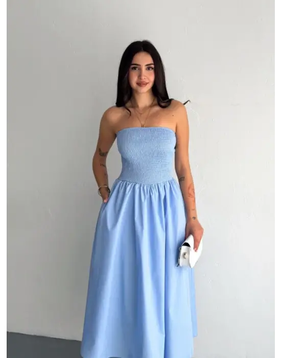 Straplez Pileli Elbise - Açık Mavi