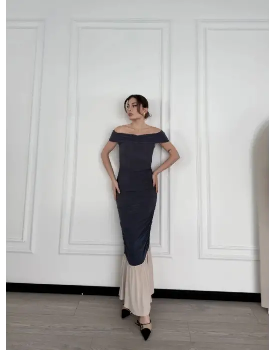 Omarı Omuzlu Uzun Elbise - Trend Renk Füme