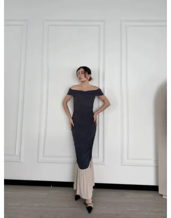 Striptiz Omuzlu Uzun Elbise- Füme