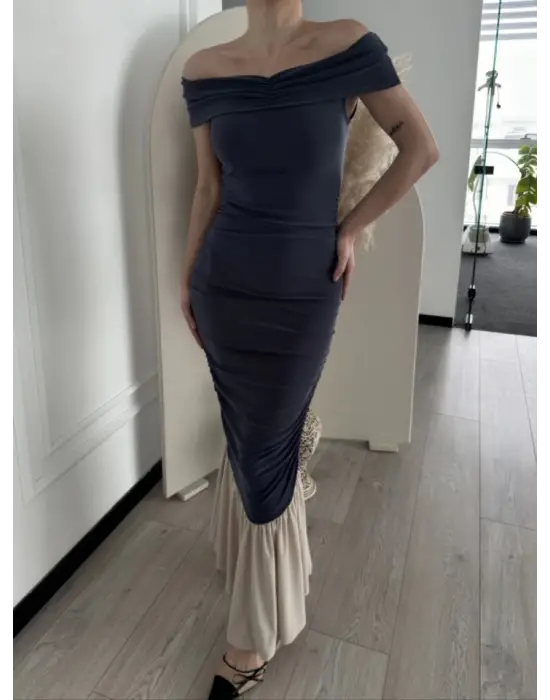 Omarı Omuzlu Uzun Elbise - Trend Renk Füme